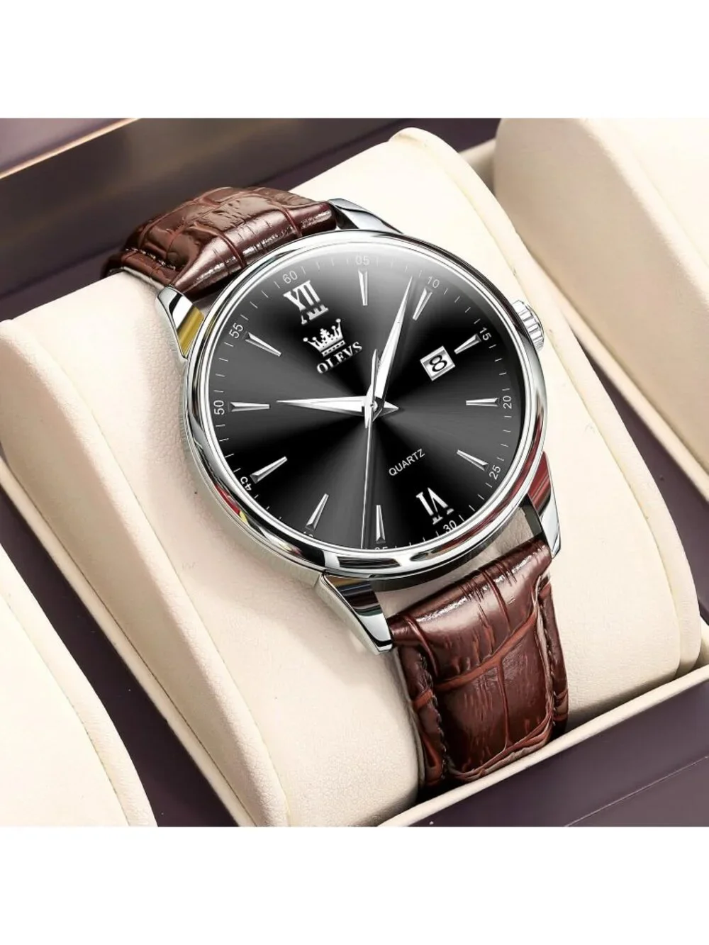 Men's Black Brown Leather Band Waterproof Relog Para Hombres Classic Wrist Watch